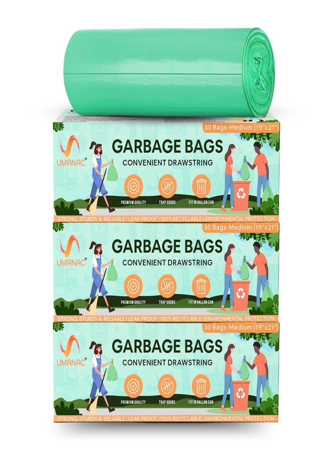 Umanac Garbage Bags - 30N | Medium (19x21) | Green Trash Bags | 100% Recyclable | Heavy Duty Dustbin Bags | Leak-Proof | Odour Control | Detachable Drawstring | Pack of 3 - Image 1